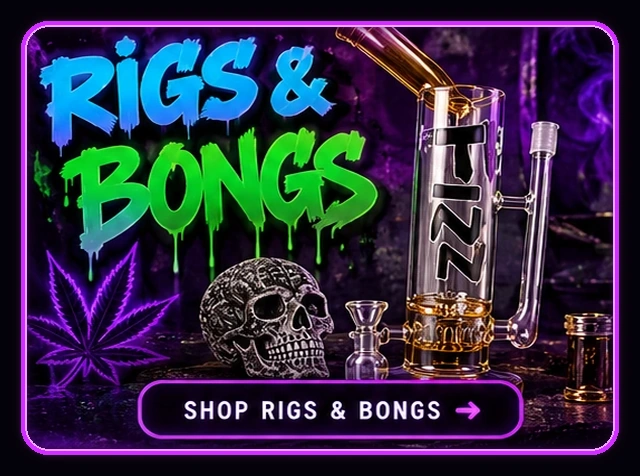 Rigs & Bongs — neon graffiti with a glass rig and skull