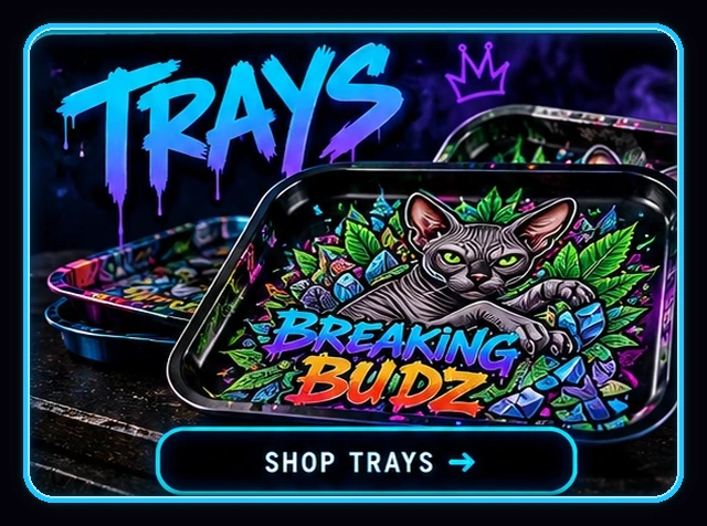 Trays — neon blue artwork with Breaking Budz rolling trays
